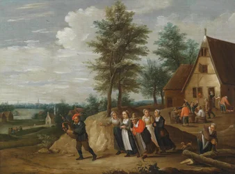Landschaft mit einem Musikanten, dem einige Frauen folgen